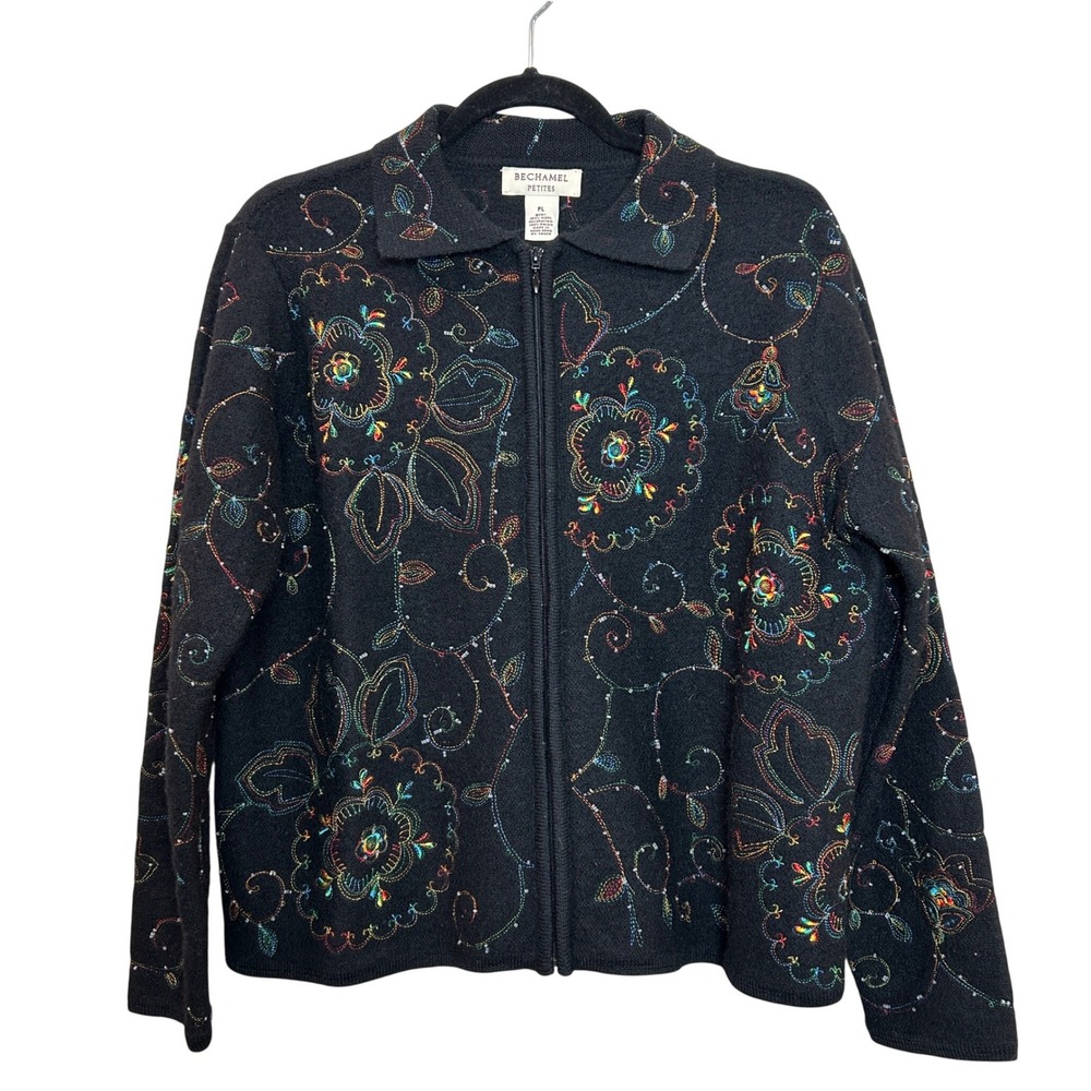 Bechamel Petites Cardigan Womens PL Black Wool Floral Embroidered Beaded Rainbow